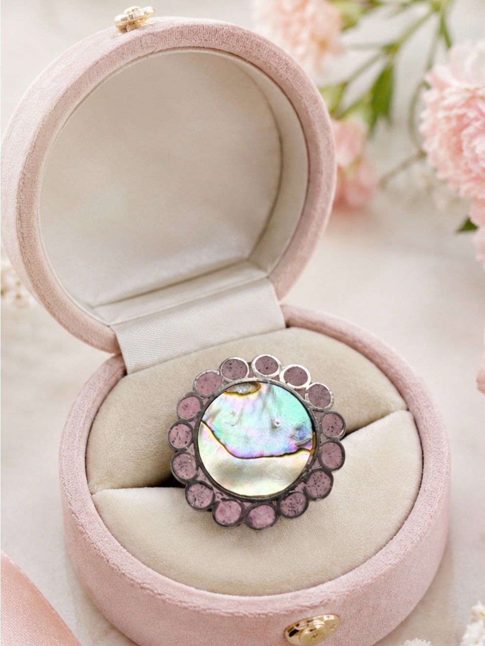 Ring Vintage Taxco Sterling Silver Abalone Center Ring Pink Rhodonite Petals